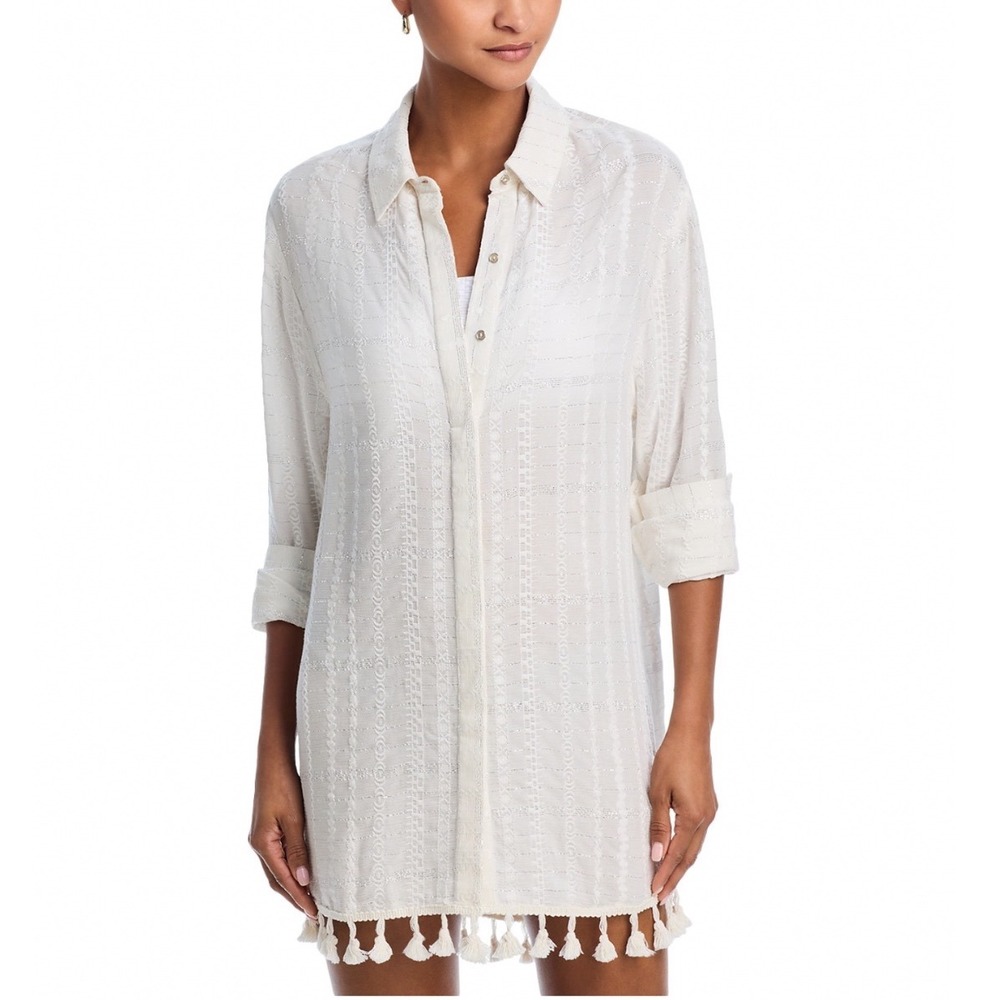 Ramy Brook Roman White Stripe Tassel Cover Up Shirt Size Small NEW